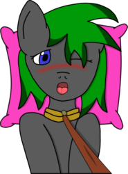 Size: 741x1000 | Tagged: safe, artist:dylanf3, oc, oc only, oc:shady forest, earth pony, pony, blushing, collar, dominant pov, earth pony oc, leash, one eye closed, open mouth, pillow, simple background, solo, transparent background, wink