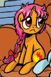 Size: 174x263 | Tagged: safe, idw, pony, unicorn, spoiler:comic, spoiler:comic40, background pony, braid, cropped, female, filly, frown, hikaru shidou, magic knight rayearth, picture for breezies, ponified, sitting, solo focus, unnamed character, unnamed pony