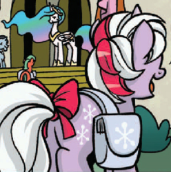Size: 300x303 | Tagged: safe, idw, powder, princess celestia, professor inkwell, alicorn, pony, unicorn, g1, g4, spoiler:comic, spoiler:comic40, background pony, bow, butt, female, filly, g1 to g4, generation leap, mare, plot, saddle bag, tail bow, unnamed character, unnamed pony