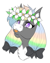 Size: 1353x1712 | Tagged: safe, artist:caff, oc, oc only, earth pony, pony, bow, bust, cute, floral head wreath, flower, hair bow, head shot, looking up, simple background, solo, transparent background