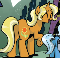 Size: 635x614 | Tagged: safe, idw, sunflower spectacle, trixie, g4, spoiler:comic, spoiler:comic40, butt, female, filly, filly trixie, plot, sunbutt spectacle, younger