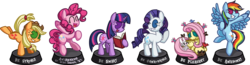 Size: 5752x1499 | Tagged: safe, artist:cazra, angel bunny, applejack, fluttershy, pinkie pie, rainbow dash, rarity, twilight sparkle, bird, butterfly, earth pony, pegasus, pony, rabbit, squirrel, unicorn, fallout equestria, g4, animal, book, bucking, cowboy hat, eyes closed, fanfic, fanfic art, female, grin, hat, hooves, horn, mare, ministry mares, ministry mares statuette, open mouth, pac-man eyes, prone, simple background, smiling, spread wings, statuette, statuettes, transparent background, unicorn twilight, wings