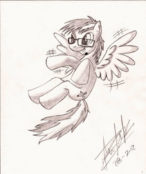 Size: 1700x2019 | Tagged: safe, artist:fizzyrox, oc, oc only, pegasus, pony, anatomically incorrect, flying, grin, incorrect leg anatomy, lineart, male, open mouth, pegasus oc, smiling, solo, stallion, traditional art, wings
