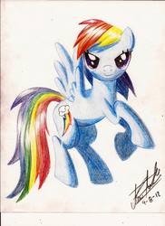 Size: 1700x2338 | Tagged: safe, artist:fizzyrox, rainbow dash, pegasus, pony, g4, female, rearing, signature, smiling, solo, traditional art