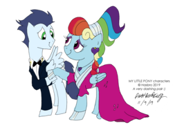 Size: 2592x1944 | Tagged: safe, artist:newportmuse, rainbow dash, soarin', pegasus, pony, g4, alternate hairstyle, bowtie, clothes, dress, ear piercing, earring, female, jewelry, male, mare, megaradash, necklace, piercing, raised hoof, ship:soarindash, shipping, simple background, stallion, straight, suit, transparent background