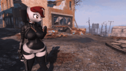 Size: 600x339 | Tagged: safe, artist:defector, oc, oc:roses band-aid, unicorn, anthro, 3d, animated, anthro oc, breasts, clothes, fallout, fallout 4, female, game screencap, gif, milf, pipboy, skintight clothes, socks, solo, thigh highs, video game, weapon, wide hips