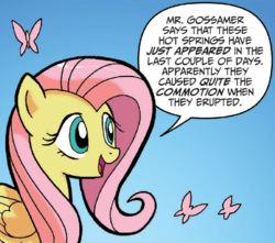 Size: 610x539 | Tagged: safe, artist:tonyfleecs, idw, official comic, fluttershy, mr. gossamer, butterfly, insect, pegasus, pony, g4, ponies of dark water, spoiler:comic, spoiler:comic43, blue background, cropped, female, mare, simple background, speech bubble