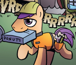 Size: 623x534 | Tagged: safe, artist:agnesgarbowska, idw, official comic, digger (g4), earth pony, pony, g4, spoiler:comic, spoiler:comic47, cropped, donut, food, hard hat, male, mouth hold, speech bubble, stallion, wrench