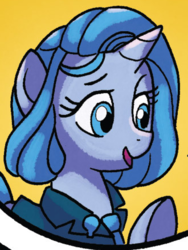 Size: 330x440 | Tagged: safe, artist:tonyfleecs, official comic, primary source, pony, unicorn, from the shadows, g4, idw, spoiler:comic, spoiler:comic52, cropped, female, mare, museum director, simple background, yellow background