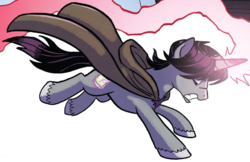 Size: 1200x777 | Tagged: safe, artist:tonyfleecs, idw, official comic, shadow lock, pony, unicorn, from the shadows, g4, spoiler:comic, spoiler:comic52, cape, cloak, clothes, cropped, magic, male, running, simple background, solo, stallion, white background