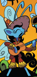Size: 390x805 | Tagged: safe, artist:andypriceart, idw, official comic, breezie, g4, spoiler:comic, spoiler:comic61, cropped, eyes closed, guitar, mariachi, musical instrument, orange background, playing instrument, simple background, solo focus, unnamed breezie, unnamed character