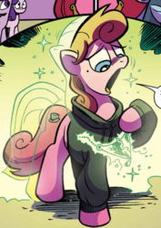 Size: 543x766 | Tagged: safe, artist:andypriceart, idw, official comic, scarlet petal, earth pony, pony, g4, spoiler:comic, spoiler:comic65, clothes, cropped, female, mare, open mouth, solo, sweater, transformation