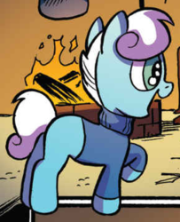 Size: 290x357 | Tagged: safe, artist:andypriceart, idw, official comic, winter comet, earth pony, pony, g4, spoiler:comic, spoiler:comic65, blank flank, clothes, colt, cropped, foal, male, open mouth, raised hoof, solo, sweater, turtleneck
