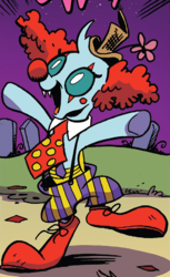 Size: 449x735 | Tagged: safe, artist:andy price, idw, ocellus, changedling, changeling, g4, spoiler:comic, spoiler:comic71, clothes, clown, clown hair, clown nose, clown shoes, costume, cropped, female, necktie, nightmare night costume, open mouth, outfit catalog, red nose, solo