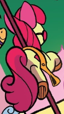 Size: 130x229 | Tagged: safe, idw, apple bloom, scootaloo, g4, spoiler:comic, spoiler:comic78, bridle, carousel, cosmageddon, inanimate tf, merry-go-round, saddle, solo focus, stirrups, tack, transformation