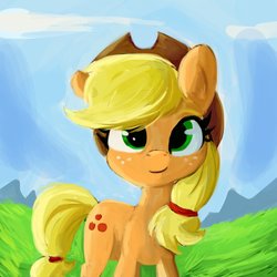 Size: 1080x1080 | Tagged: safe, artist:tjpones, applejack, earth pony, pony, g4, cute, female, freckles, hat, jackabetes, mare, painting, solo