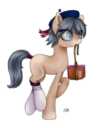 Size: 517x670 | Tagged: safe, artist:shady-bush, oc, oc only, oc:abby, earth pony, pony, beret, book, clothes, female, hat, mare, mouth hold, socks, solo