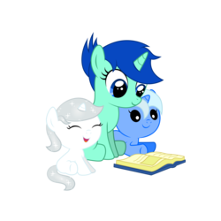 Size: 4000x4000 | Tagged: safe, artist:northernthestar, oc, oc only, oc:glimmering hope, oc:mint berry, oc:valiant heart, pony, unicorn, absurd resolution, baby, baby pony, book, female, filly, simple background, transparent background