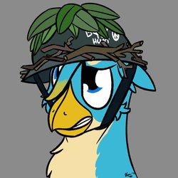 Size: 2013x2013 | Tagged: safe, artist:kamithepony, gallus, griffon, g4, born to x, full metal jacket, helmet, high res, leaves, male, simple background, solo, stick