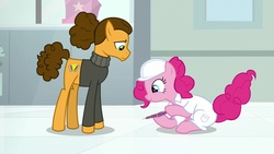 Size: 1920x1080 | Tagged: safe, screencap, cheese sandwich, pinkie pie, pony, g4, the last laugh, alternate hairstyle, clothes, hard hat, lab coat, pencil, sweater, turtleneck