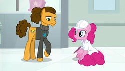 Size: 1920x1080 | Tagged: safe, screencap, cheese sandwich, pinkie pie, pony, g4, the last laugh, alternate hairstyle, clothes, hard hat, lab coat, pencil, sweater, turtleneck