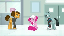 Size: 1920x1080 | Tagged: safe, screencap, cheese sandwich, pinkie pie, sans smirk, pony, g4, the last laugh, alternate hairstyle, clothes, hard hat, lab coat, sweater, turtleneck