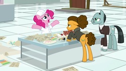 Size: 1920x1080 | Tagged: safe, screencap, cheese sandwich, pinkie pie, sans smirk, pony, g4, the last laugh, alternate hairstyle, butt, clothes, hard hat, lab coat, paper, plot, sweater, turtleneck