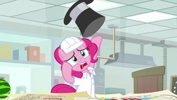Size: 1920x1080 | Tagged: safe, screencap, pinkie pie, pony, g4, the last laugh, clothes, female, hard hat, hat, lab coat, mare, solo, top hat
