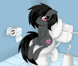 Size: 966x827 | Tagged: safe, artist:murkypie, oc, oc only, oc:toxxie, earth pony, pony, but why, cute, hair over one eye, implied pooping, looking at you, sitting on toilet, solo, toilet, toilet paper