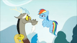 Size: 1280x720 | Tagged: safe, screencap, discord, rainbow dash, draconequus, pegasus, pony, g4, what about discord?, animated, crazy face, duo, faic, female, laughing, male, mare, sound, webm