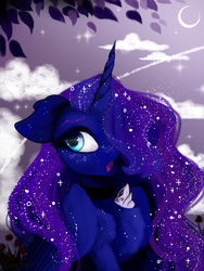 Size: 3096x4128 | Tagged: safe, artist:livitoza, princess luna, alicorn, pony, g4, female, floppy ears, hair over one eye, looking at you, moon, open mouth, solo