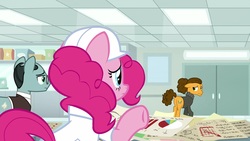 Size: 1920x1080 | Tagged: safe, screencap, cheese sandwich, pinkie pie, sans smirk, pony, g4, the last laugh, alternate hairstyle, clothes, hard hat, lab coat, paper, sweater, turtleneck