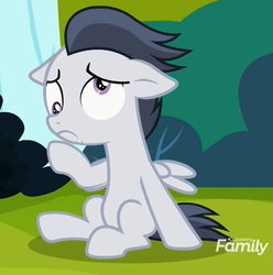 Size: 577x581 | Tagged: safe, screencap, rumble, pegasus, pony, g4, marks and recreation, colt, cropped, derp, discovery family logo, dizzy, dizzy eyes, male, sitting, solo
