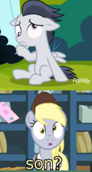 Size: 577x1077 | Tagged: safe, edit, edited screencap, screencap, derpy hooves, rumble, pegasus, pony, between dark and dawn, g4, marks and recreation, caption, colt, cropped, derp, discovery family logo, dizzy, dizzy eyes, female, image macro, male, sitting, text