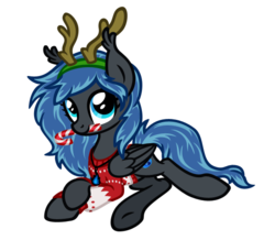Size: 564x515 | Tagged: safe, artist:angelea-phoenix, oc, oc only, oc:midnight glight, pegasus, pony, antlers, candy, candy cane, clothes, female, food, mare, mouth hold, prone, simple background, solo, sweater, transparent background