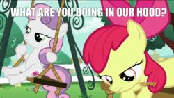 Size: 640x360 | Tagged: safe, edit, edited screencap, screencap, apple bloom, sweetie belle, g4, on your marks, animated, caption, cropped, female, gif, image macro, swing, text, wrong neighborhood