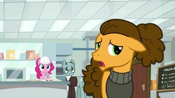 Size: 1920x1080 | Tagged: safe, screencap, cheese sandwich, pinkie pie, sans smirk, pony, g4, the last laugh, alternate hairstyle, clothes, floppy ears, hard hat, sweater, turtleneck