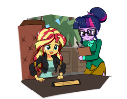 Size: 915x712 | Tagged: safe, artist:twilite-sparkleplz, sci-twi, sunset shimmer, twilight sparkle, equestria girls, g4, chair, clipboard, clothes, cute, female, glasses, hair bun, indoors, jacket, mayor, office, open mouth, pen, shirt, side slit, skirt