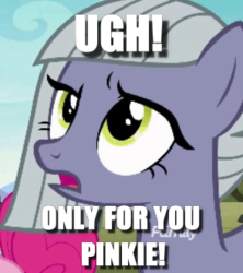 Size: 294x331 | Tagged: safe, edit, edited screencap, screencap, limestone pie, pinkie pie, g4, the maud couple, caption, cropped, female, image macro, sibling love, siblings, sisterly love, sisters, solo focus, text, ugh