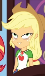 Size: 266x452 | Tagged: safe, screencap, applejack, blizzard or bust, equestria girls, equestria girls series, g4, holidays unwrapped, spoiler:eqg series (season 2), animation error, applejack's hat, bags under eyes, clothes, cowboy hat, cropped, denim skirt, female, geode of super strength, hat, lidded eyes, magical geodes, skirt, wall eyed