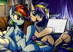 Size: 4214x3000 | Tagged: safe, artist:movieskywalker, derpibooru exclusive, rainbow dash, oc, oc:dopami korpela, pegasus, pony, unicorn, g4, blushing, book, canon x oc, chest fluff, chinese, computer, curtains, dopadash, draft, female, hoof hold, hooves, lamp, laptop computer, looking at each other, male, misleading thumbnail, pillow, quilt, shipping, smiling, straight