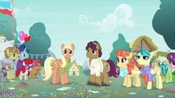 Size: 1280x720 | Tagged: safe, screencap, aunt holiday, auntie lofty, babs seed, blue note, bulk biceps, chipcutter, feather bangs, granny smith, mane allgood, snap shutter, sugar belle, twist, earth pony, pegasus, pony, unicorn, g4, the last crusade, female, male, mare, stallion