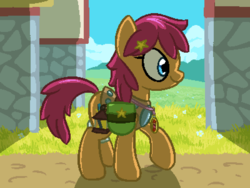 Size: 800x600 | Tagged: safe, artist:rangelost, oc, oc only, oc:trailblazer, earth pony, pony, cyoa:d20 pony, armor, colored, cyoa, description is relevant, female, hairpin, jewelry, leather armor, mare, necklace, outdoors, pixel art, saddle bag, solo, story included, walking