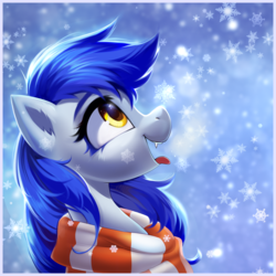 Size: 3000x3000 | Tagged: safe, artist:honeyapplecake, artist:share dast, oc, oc only, oc:gabriel, pegasus, pony, bust, catching snowflakes, clothes, collaboration, high res, looking up, open mouth, profile, scarf, snow, solo, tongue out, winter outfit
