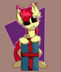 Size: 3656x4264 | Tagged: safe, artist:luxsimx, apple bloom, earth pony, pony, g4, adorabloom, apple bloom's bow, bow, christmas, cute, female, hair bow, holiday, looking at you, mare, present, smiling, solo
