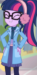 Size: 539x1080 | Tagged: safe, screencap, sci-twi, twilight sparkle, equestria girls, equestria girls series, g4, holidays unwrapped, winter break-in, spoiler:eqg series (season 2), ^^, buttons, clothes, cropped, earmuffs, eyes closed, female, glasses, hairband, hand on hip, happy, jacket, leggings, long sleeved shirt, mall, pantyhose, ponytail, scarf, shirt, skirt, smiling, solo, winter coat, winter outfit