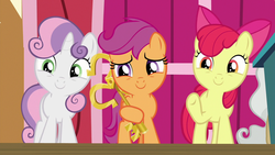Size: 1280x720 | Tagged: safe, screencap, apple bloom, scootaloo, sweetie belle, pony, g4, the last crusade, cute, cutie mark crusaders, key