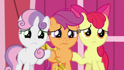 Size: 1280x720 | Tagged: safe, screencap, apple bloom, scootaloo, sweetie belle, pony, g4, the last crusade, cutie mark crusaders, key, sad