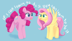 Size: 3790x2141 | Tagged: safe, artist:pucksterv, fluttershy, pinkie pie, earth pony, pegasus, pony, g4, :p, dialogue, duo, female, high res, looking at something, mare, simple background, smiling, spread wings, standing, three quarter view, tongue out, wings