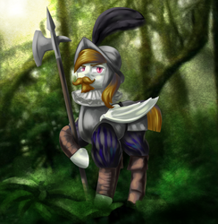 Size: 2000x2050 | Tagged: safe, artist:kelkessel, oc, oc only, bat pony, pony, armor, conquistador, facial hair, helmet, high res, jungle, male, moustache, ruff (clothing), solo, stallion, weapon
